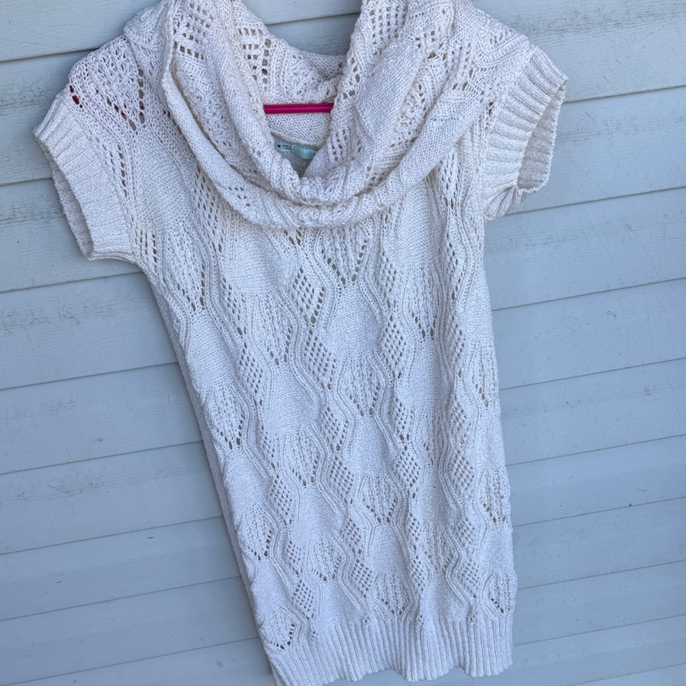 Maurices Cream Openwork Cowl Neck Short Sleeve Tunic
